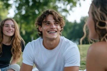 Obraz premium A group of cheerful young people shares laughter in a park, showcasing the joy of companionship and the carefree spirit of youth while enjoying their time together outdoors.