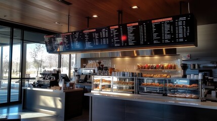 A coffee shop counter with a large overhead menu listing espresso drinks, cold brews, and fresh pastries.