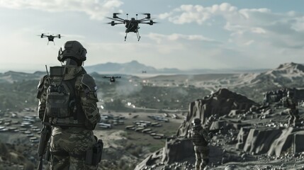 Soldier Stands Amidst Aerial Drones In Rocky Terrain