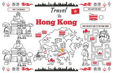A fun placemat for kids. Printable “Travel to Hong Kong” activity sheet with a labyrinth and find the differences. 17x11 inch printable vector file