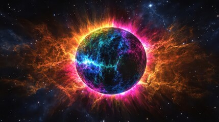 Obraz premium celestial phenomenon featuring luminous corona with electric neon colors radiating around dark lunar silhouette, starlit cosmic background