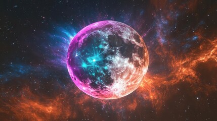 Fototapeta premium celestial phenomenon featuring luminous corona with electric neon colors radiating around dark lunar silhouette, starlit cosmic background