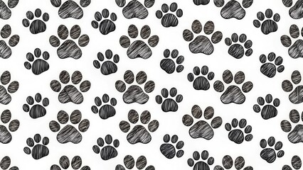Black doodle paw prints in a seamless pattern, creating a fun and playful texture background for various design uses , black doodle paw prints, fun pattern