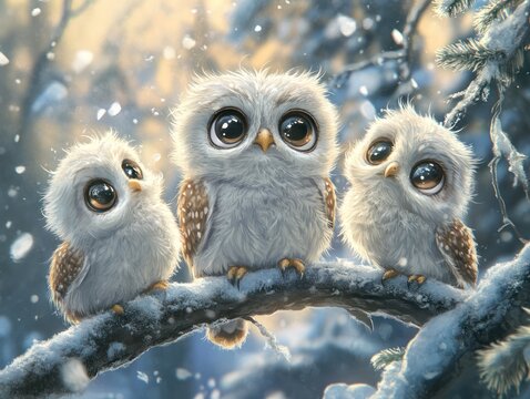 Three cute baby owls sitting on a snowy tree branch in a winter forest, illustration