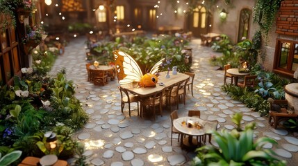 Fantasy courtyard cafe with a whimsical insect.