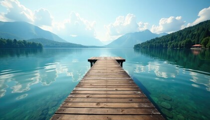 A wooden dock extends into the lake's calm waters, peaceful, dock, scenery