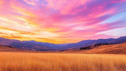 Fototapeta premium A tranquil landscape featuring a peaceful meadow under a pastel pink and orange sunset sky, reflecting calmness and natural beauty