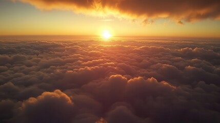 dramatic sunset cloudscape with golden sun rays piercing through layered cumulus clouds, ethereal atmosphere