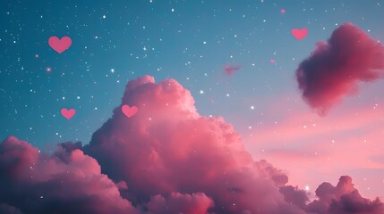 Magical Valentines Night Sky with Twinkling Stars and Floating Hearts