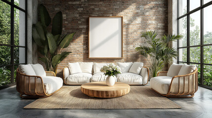 Bohemian Chic Living Room: A stylish and serene living room interior with a modern bohemian vibe.  Natural light floods through expansive windows.