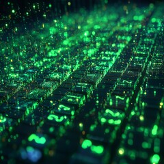 Obraz premium Green digital code streams in a dark matrix, symbolizing data and cyberspace. Perfect for tech, cyberpunk, and sci-fi themes.
