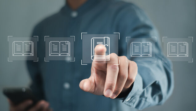 E-library concept. Person use laptop with virtual E-book icons for electronic books online.