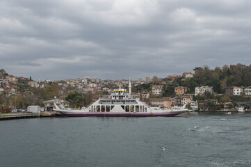 Fototapeta premium Beautiful view of the Bosphorus shore and Chubuklu Pier on a sunny day, full of residential houses