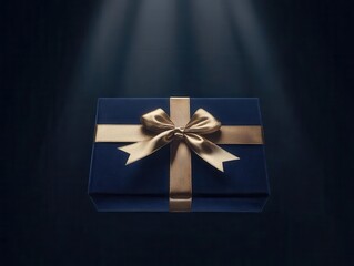 luxurious navy velvet gift box with metallic gold ribbon floating in dark void, dramatic spotlight