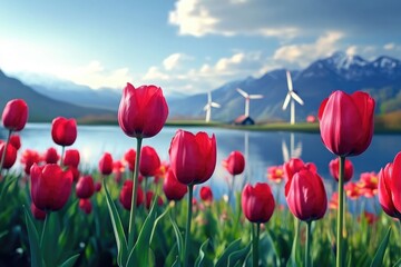 Obraz premium Red Tulips Wind Turbines