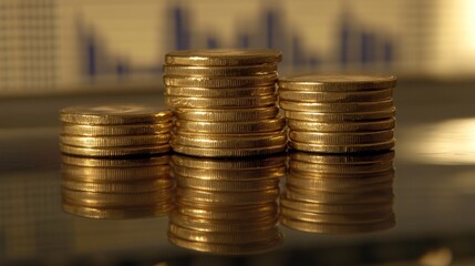 Three stacks of gold coins reflecting on a surface with a blurred financial chart in the background.