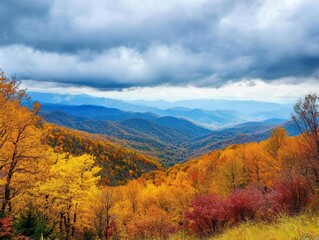 Naklejka premium majestic mountain landscape in peak autumn colors, with golden aspens and crimson maples cascading down slopes under dramatic cloudy skies