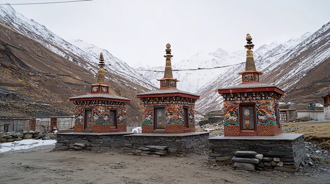 Tibetan stupas with richly decorated surfaces against a mountainous backdrop Tibetan architecture 