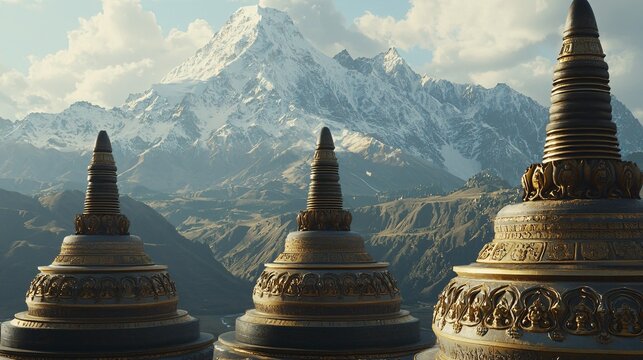 Tibetan stupas with richly decorated surfaces against a mountainous backdrop Tibetan architecture 