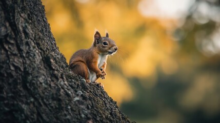 Squirrel perched on a tree trunk in a sunlit forest, surrounded by autumn foliage