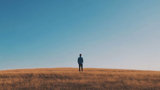 Solitary figure stands on a grassy hill under a clear blue sky, evoking tranquility and reflection