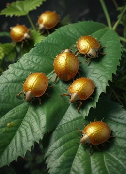 Group of golden tortoise beetles crawling on leaf together , aspidimorpha miliaris group of golden tortoise beetles crawling on leaf together insects orange bugs breeding season, tropical insects