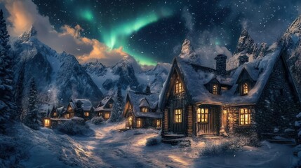 enchanted winter village nestled in snow-capped peaks, glowing cottage windows, swirling snowflakes, northern lights dancing above, digital fantasy artwork