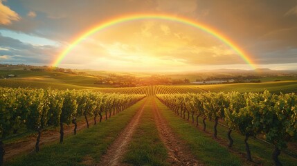 Fototapeta premium Scenic Vineyard Bathed in Golden Light with Rainbow after Rain
