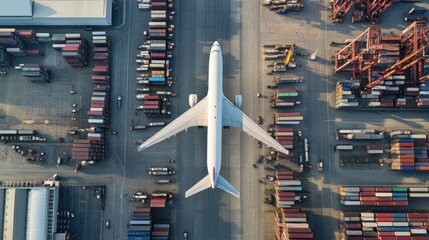 Aerial view of a large freight aircraft taking off from a bustling airport with cargo containers in the foreground