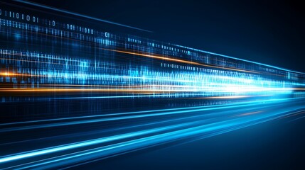 Fast digital data stream, glowing binary code.