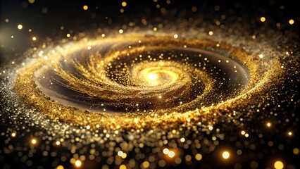 Golden dust particles swirling in a deep black void, luxury aur elegance ka touch