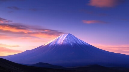 Fototapeta premium ethereal dawn light illuminating a solitary snow-capped mountain peak, minimal composition with pastel gradient sky, ethereal clouds, artistic photography