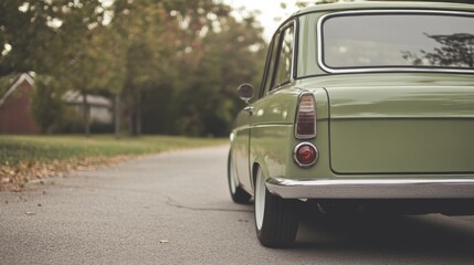 Naklejka premium Vintage green car parked on a quiet street surrounded by trees and houses in the background