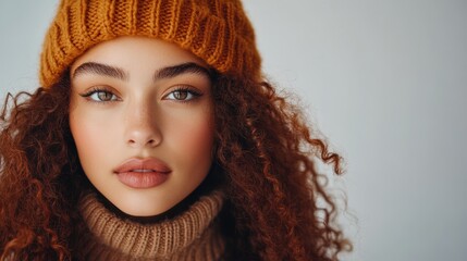 Beautiful Woman with Curly Hair Wearing a Knit Hat