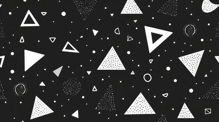 Abstract geometric pattern with white triangles, circles, and dots on black background.