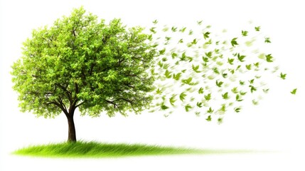 Obraz premium Vibrant Green Tree With Leaves Blowing In The Wind