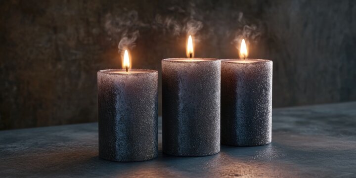Three lit candles on table