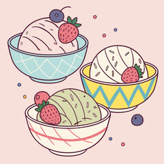 Set of bowls with various colorful Ice Cream scoops with different flavors and fresh ingredients on pink background, top view
