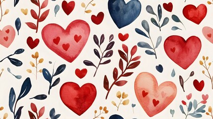 Romantic Watercolor Hearts and Floral Pattern for Valentine's Day