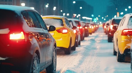 Cars On Snowy Road With Glow Of Night Traffic Light