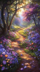 Obraz premium Enchanting Sunlit Path Through a Magical Purple Flower-Filled Forest