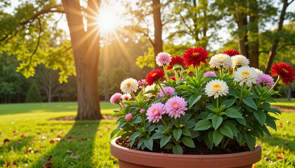 Fototapeta premium Vibrant chrysanthemums blooming in earthen pot at sunset, seasonal beauty