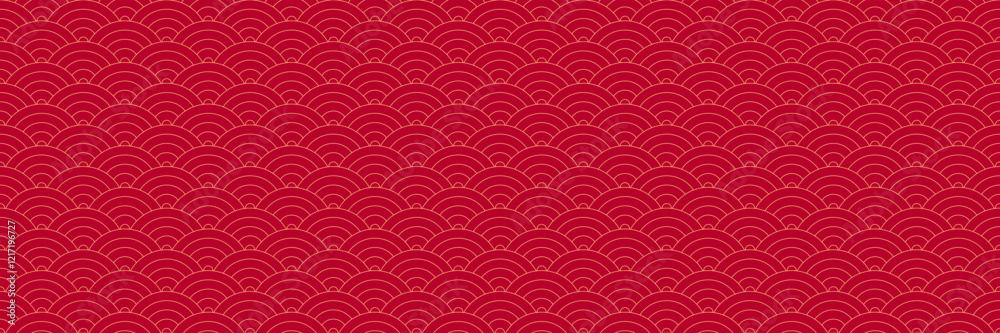 Poster horizontal gold line oriental design on red for pattern and background.