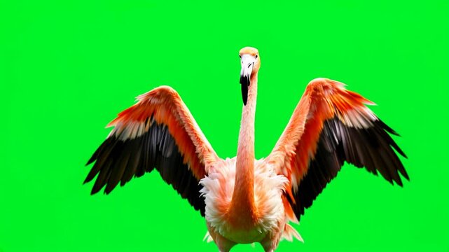 Flamingo wings spread, green screen, zoo background, graphic design