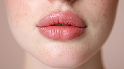 Fototapeta premium natural beauty close-up of soft pink lips with freckles