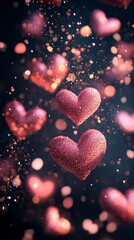 A vibrant bokeh effect with glowing heart shapes, symbolizing love and romance. Perfect for Valentine's Day, wedding designs, and romantic artistic visuals.
