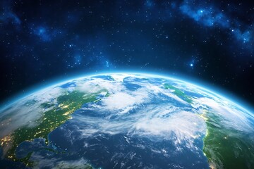Earth from space, night view, city lights, clouds, stars. Use Background, education