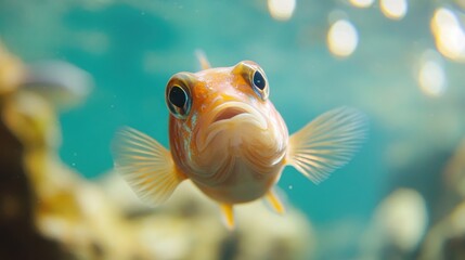 Close-up of a curious orange fish swimming underwater.