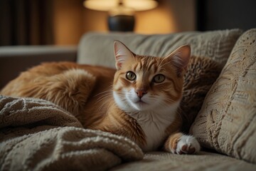 chilling with ginger cat, Adorable Feline Relaxing in a Cozy Home Setting, Domestic orange cat resting on a couch surrounded by colorful pillows in cozy living room, Cat sleeping on bed.