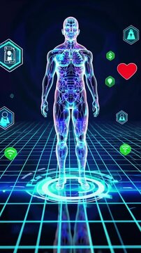 X ray human anatomy style of body with heart and other icons surrounding it, medical science